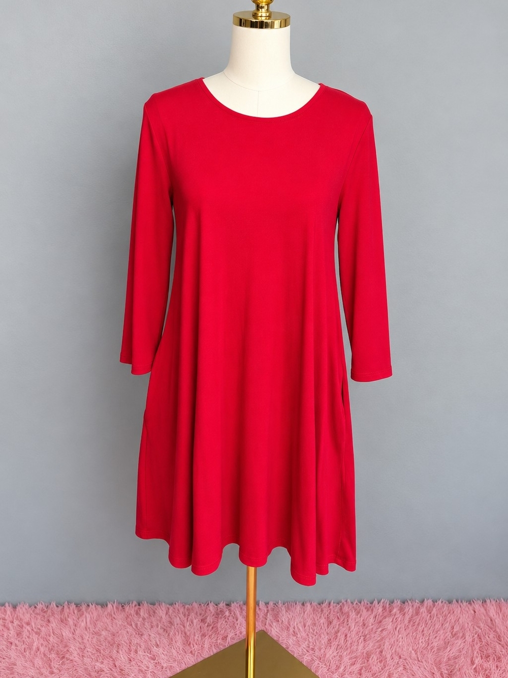 Zenana Premium Red A-Line Swing Dress Medium 3/4 Sleeve Pockets